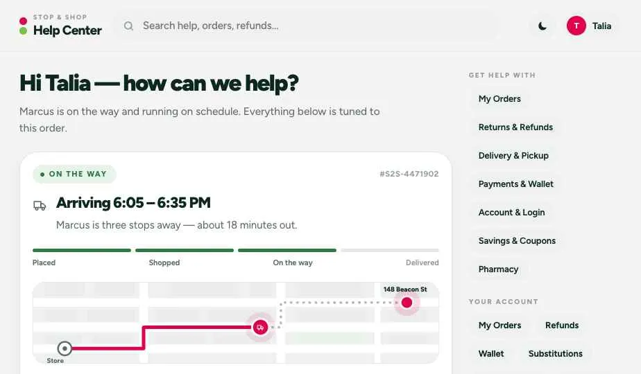 The Stop & Shop help center, tuned to an order on its way