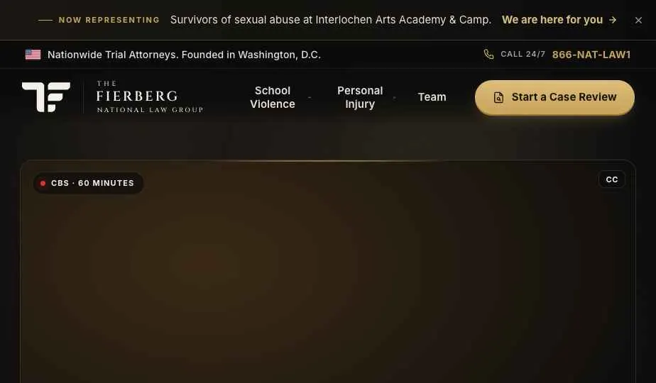 The Fierberg National Law Group homepage, header and featured case film