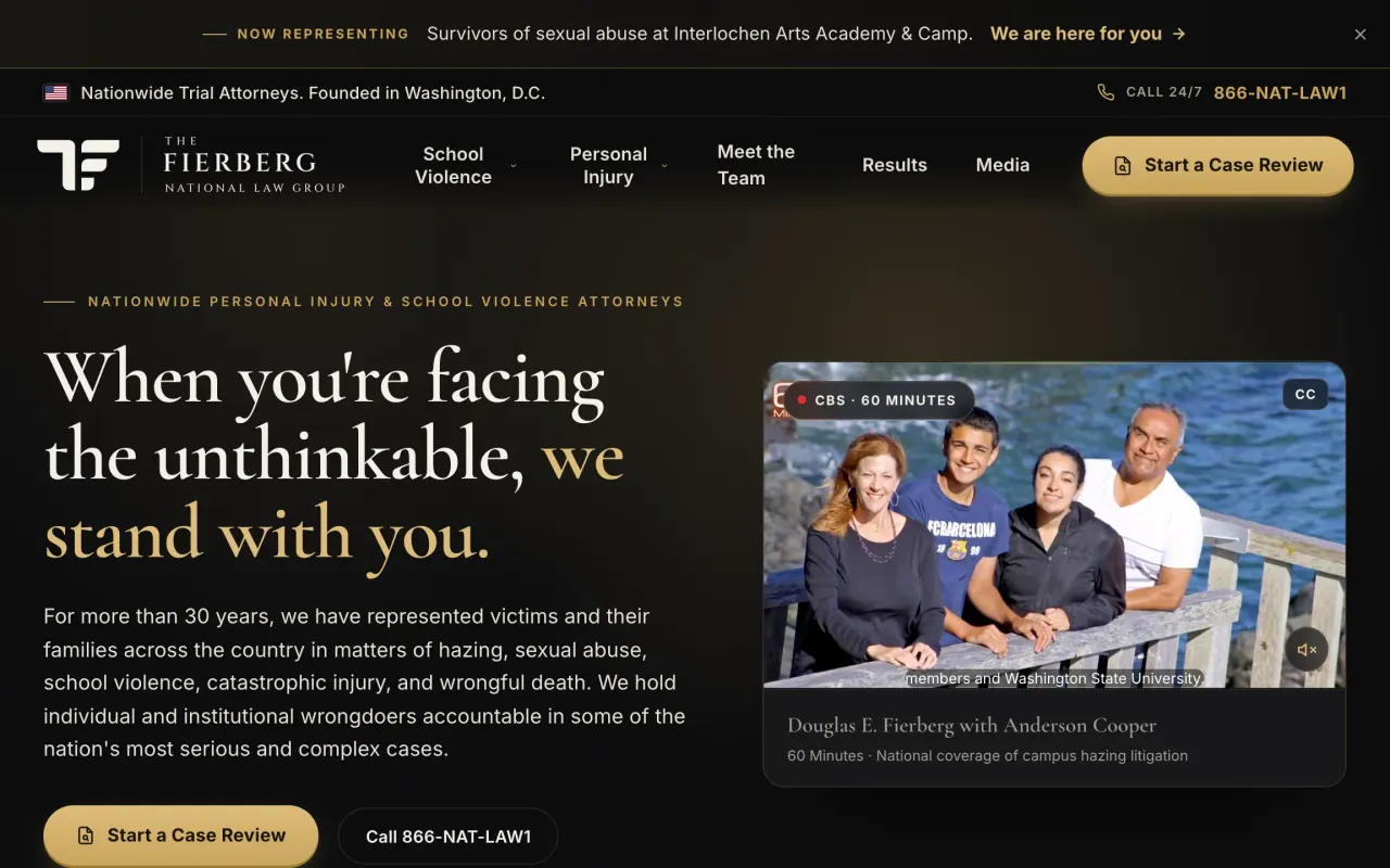 The Fierberg National Law Group homepage, header and featured case film