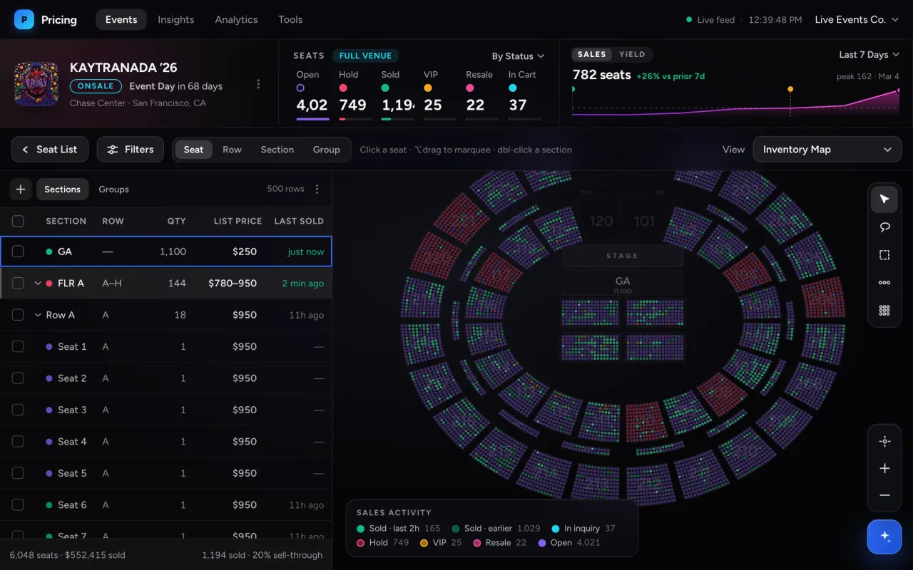 Ticketmaster's Smart Pricing Tool: the seat map coloured by price and demand